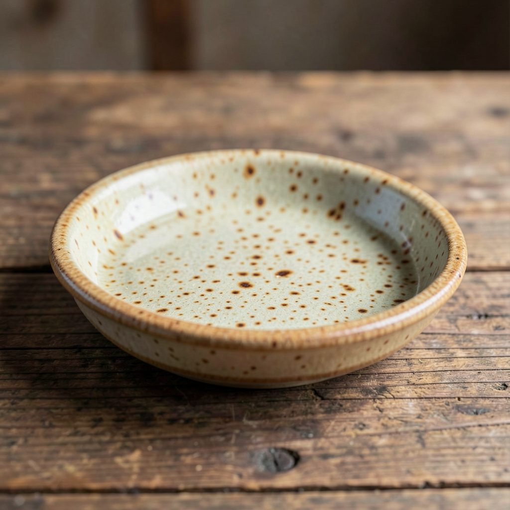 A hand-built stoneware butter dish with a warm speckled glaze, sitting on a rustic wooden table