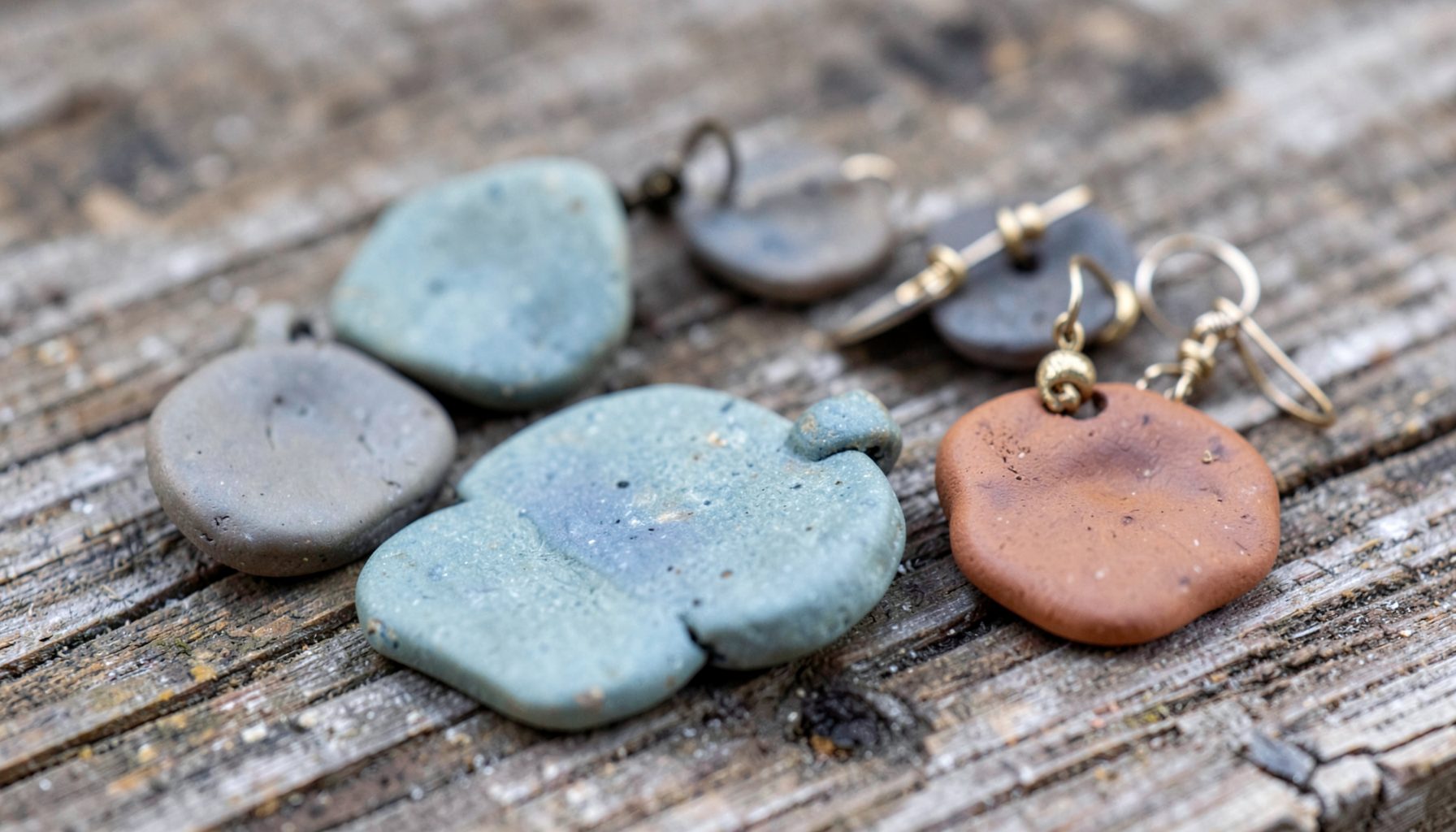 A close view of hand-formed ceramic pendants and earrings in muted earth tones — soft greys, dusty blues, and warm clay browns — arranged on a weathered wooden surface