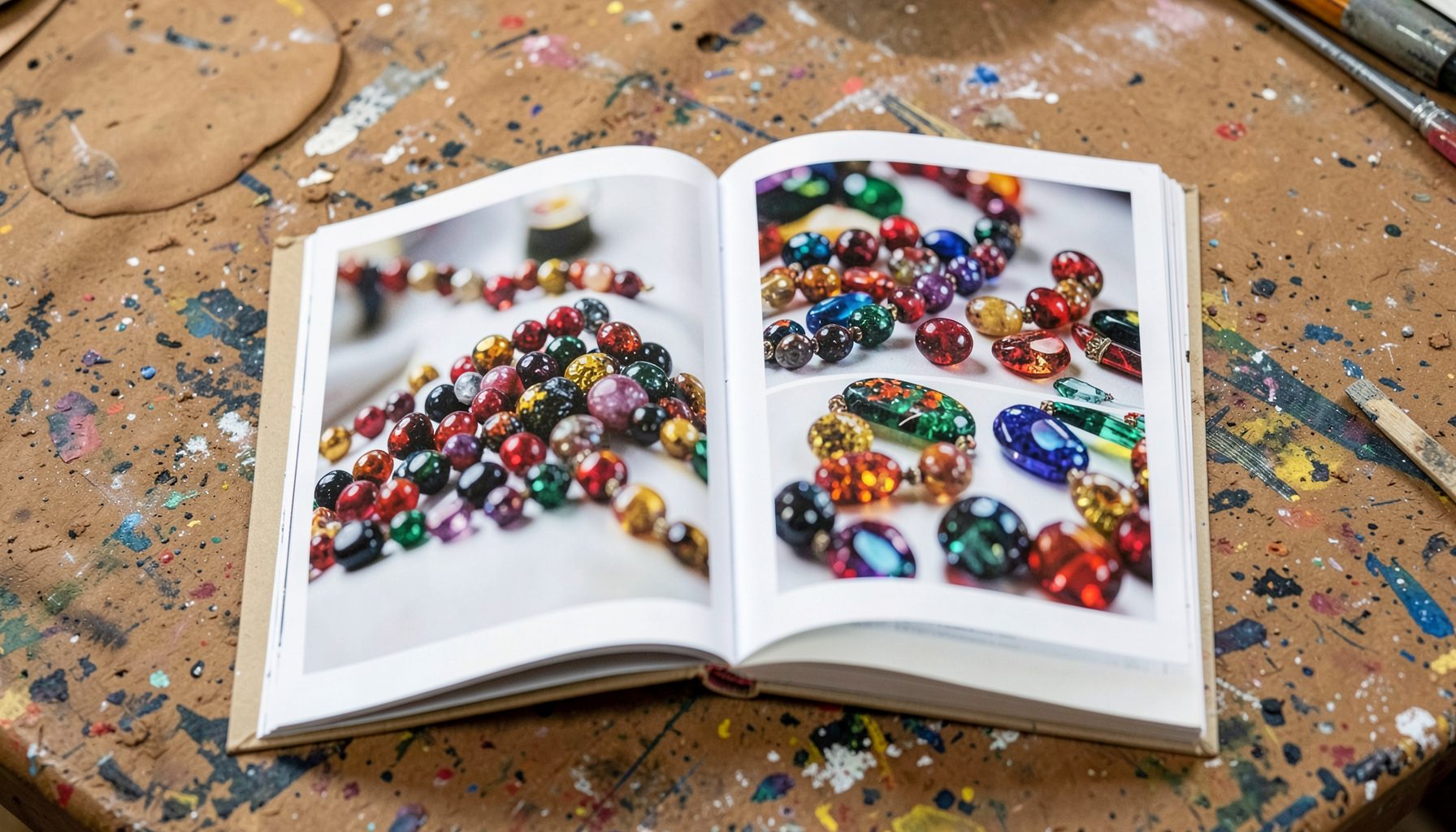 An open art book resting on a clay-splattered worktable, pages showing glossy photographs of handmade beads in rich jewel tones