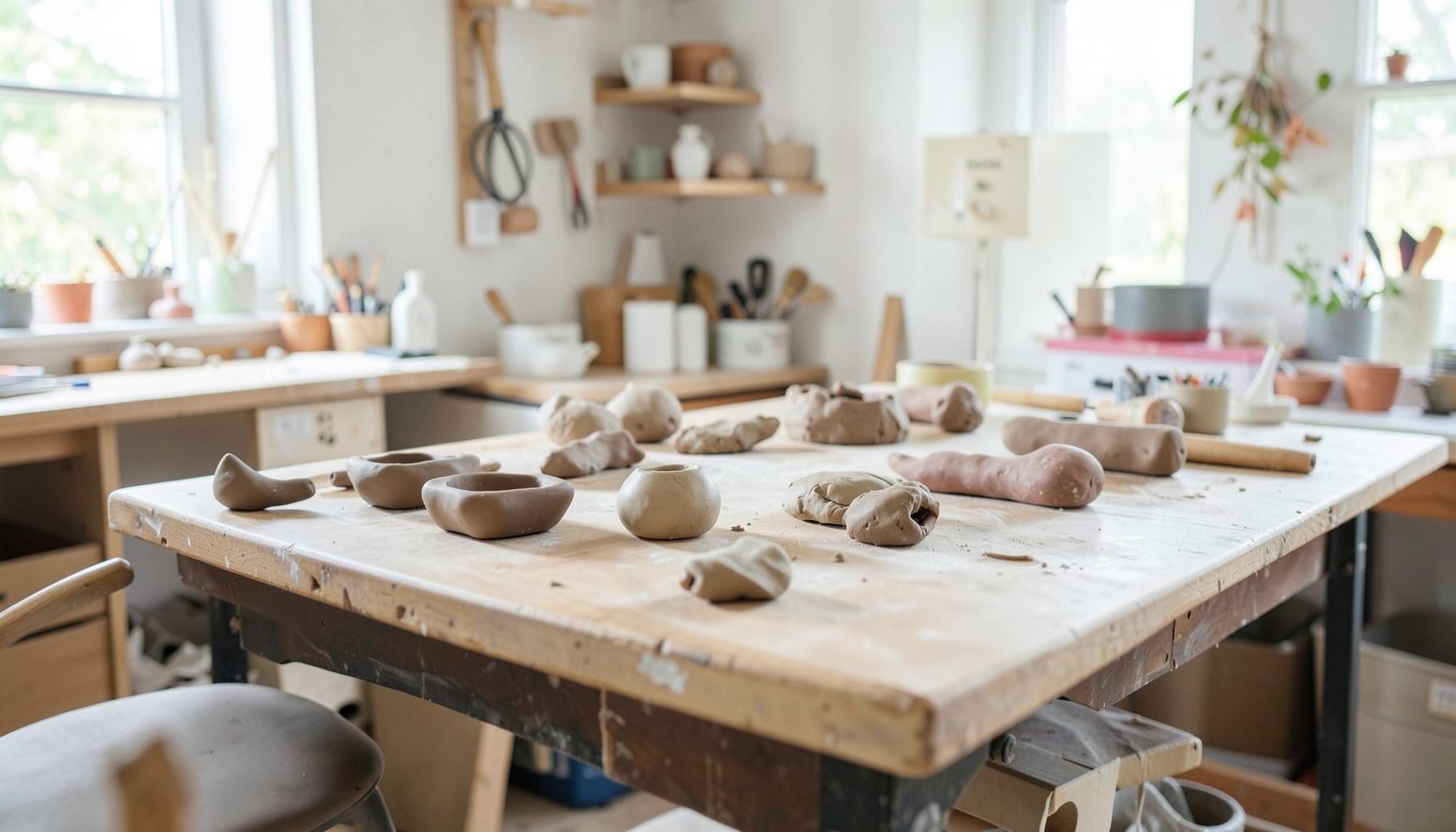 A bright workshop setting with clay pieces in progress on a long table, natural light streaming in