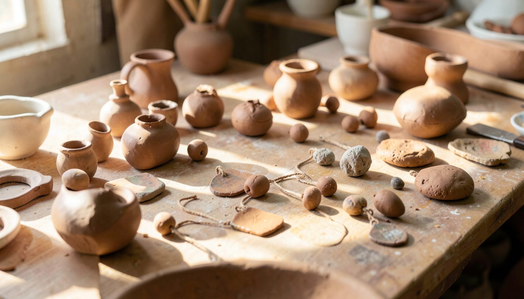A sunlit pottery studio table scattered with hand-formed clay beads, small vessels, and textured ceramic pendants in warm earthen tones