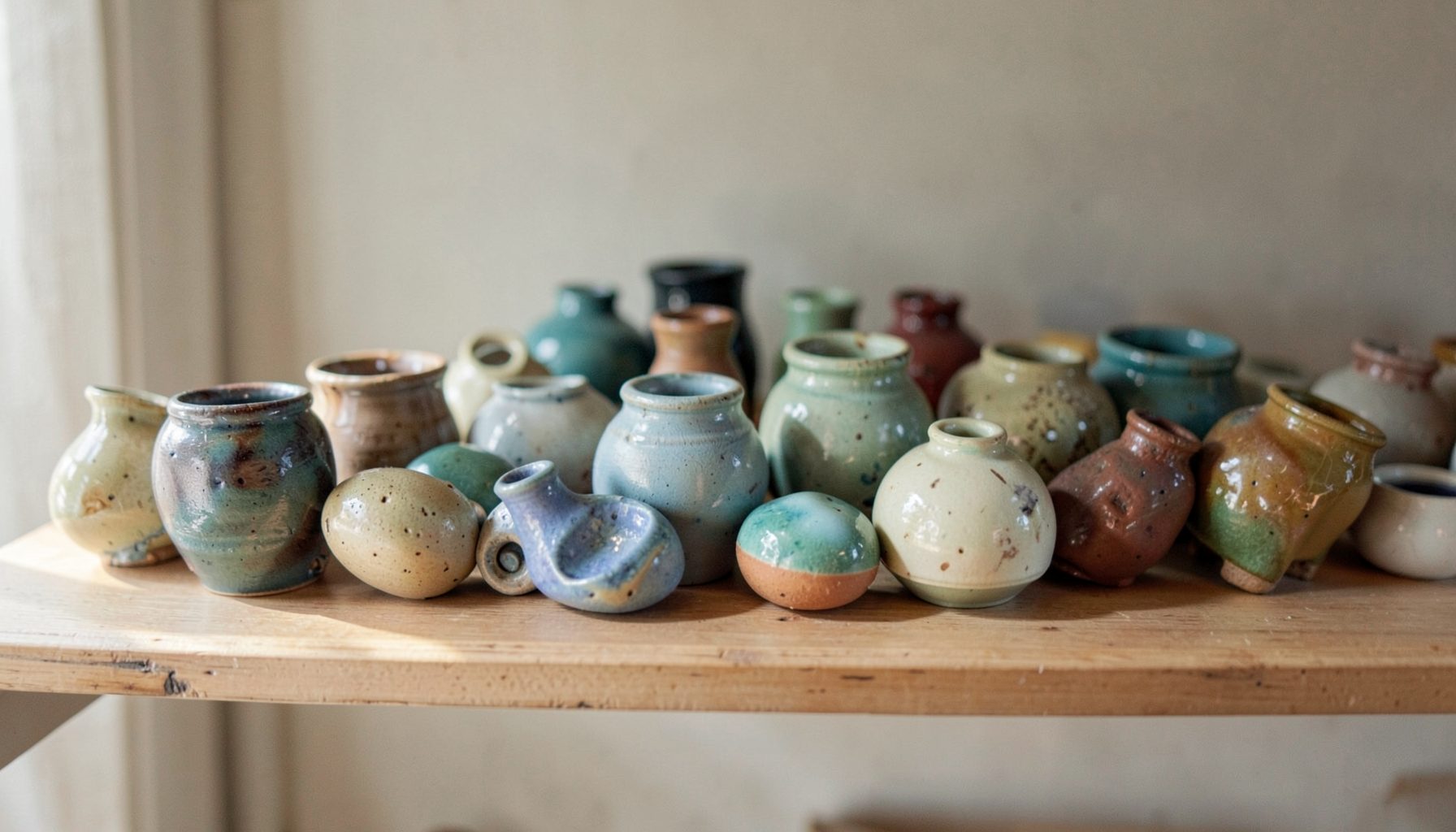 A collection of small hand-built ceramic vessels and beads in varied glazes, clustered together on a sunlit shelf