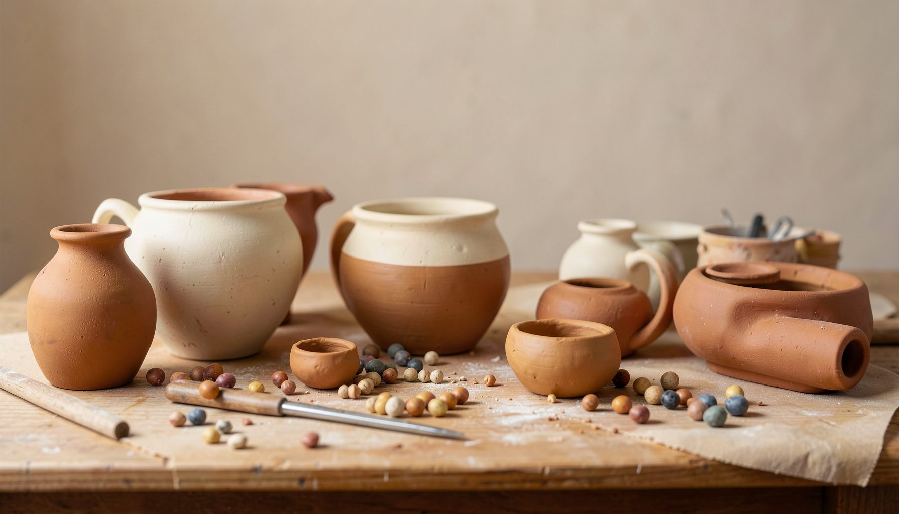 A softly lit studio table scattered with hand-built clay vessels, beads, and tools in warm earthen tones of ochre, cream, and muted rust