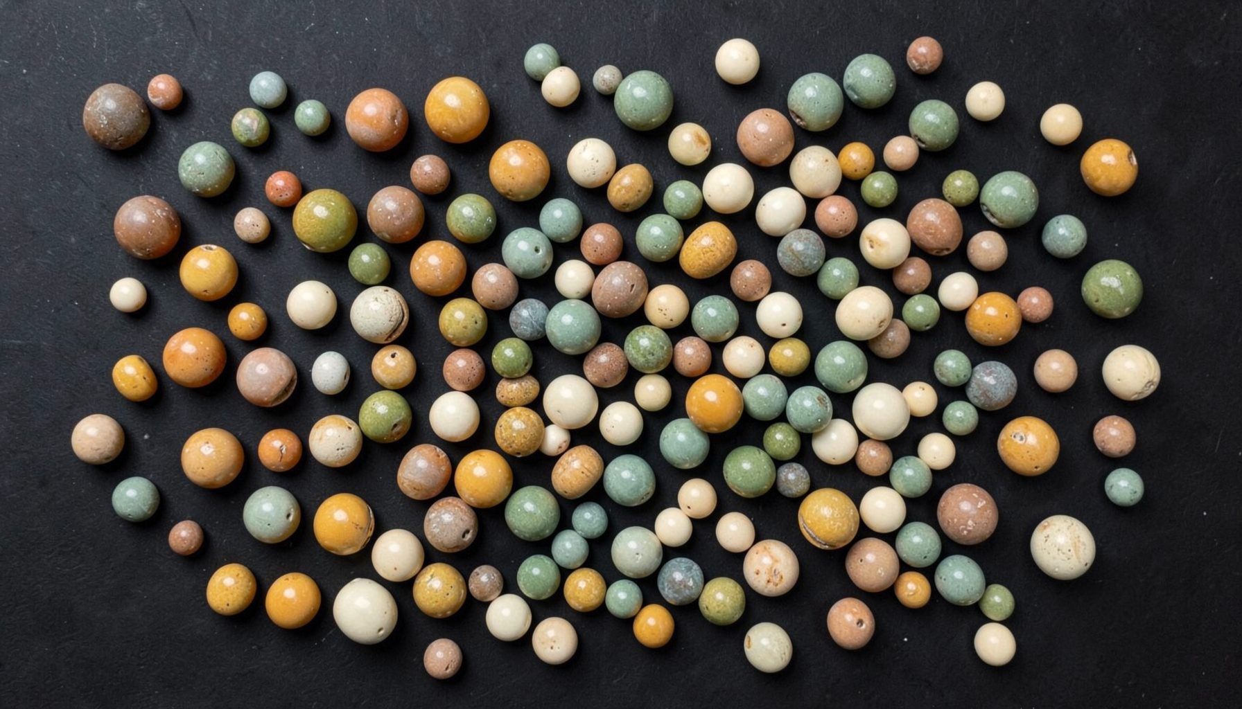 A flat lay of ceramic beads in varied earthy glazes — ochre, sage, and cream — scattered across a dark surface
