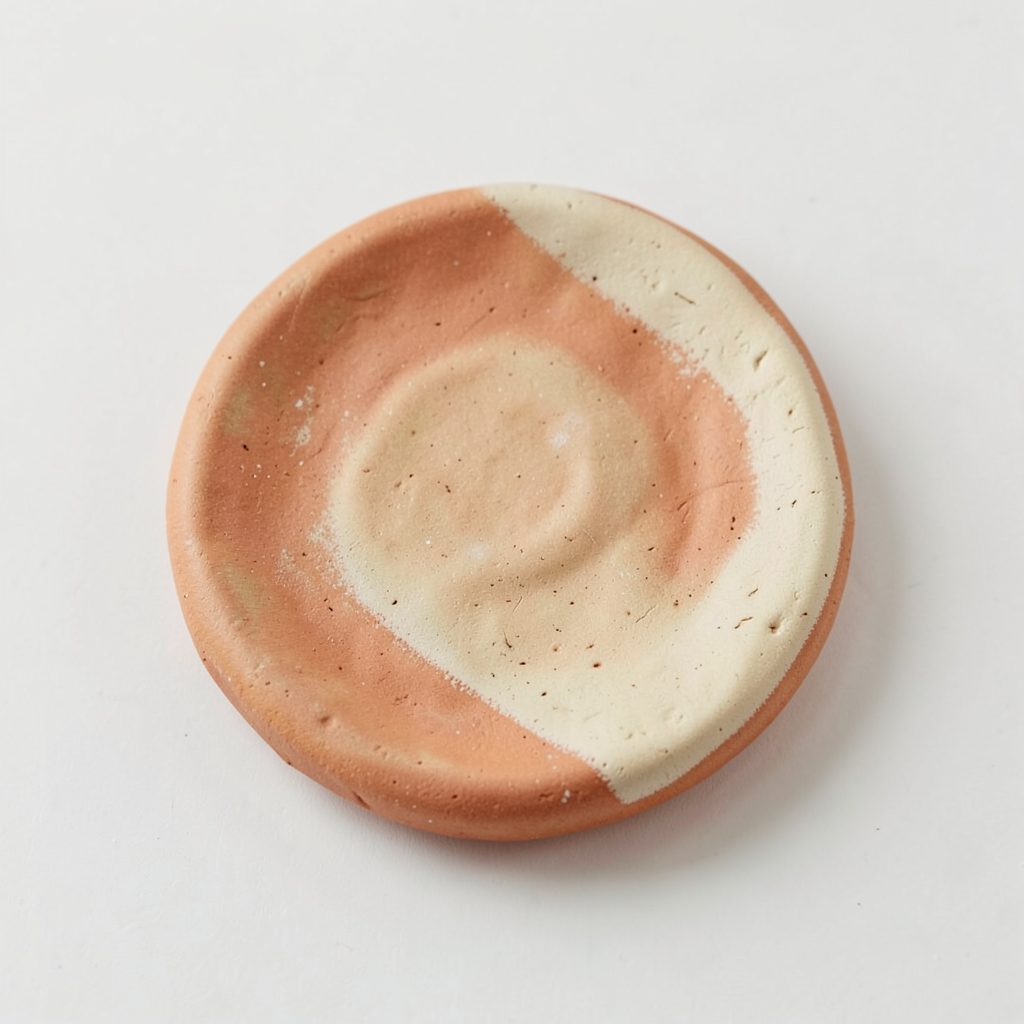 A warm, earthy ceramic medallion with soft terracotta and cream tones, suggesting hand-formed clay texture