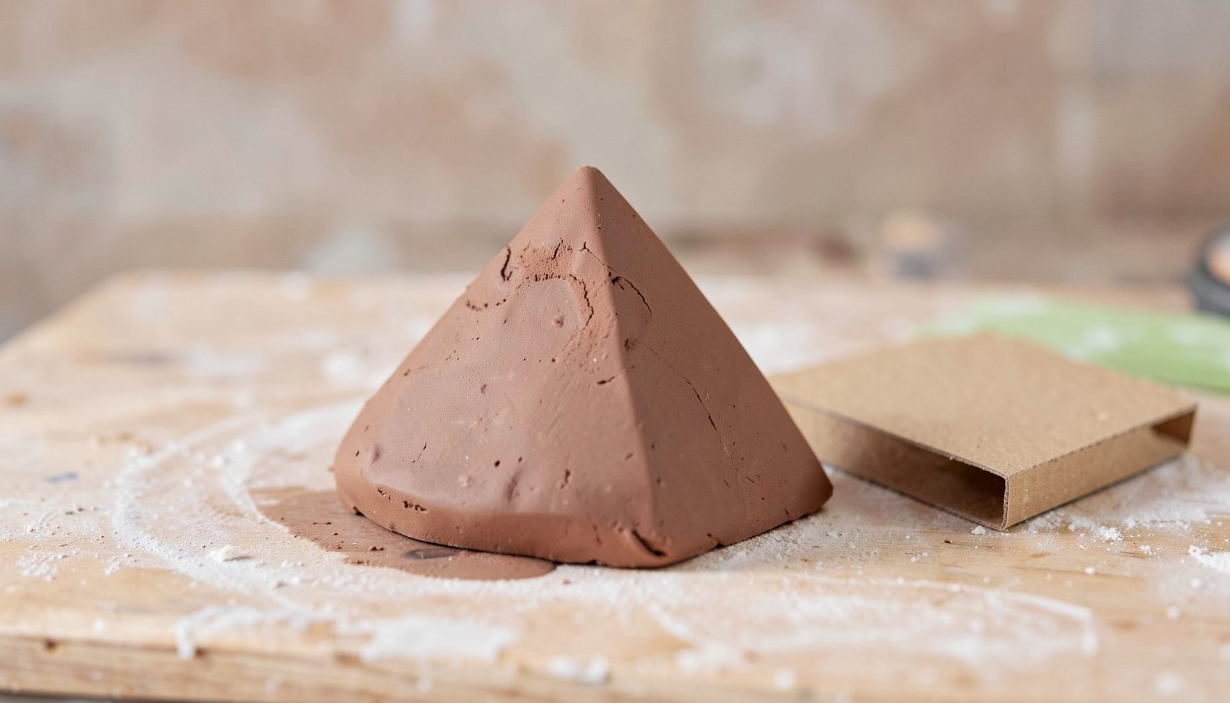 A geometric pyramid-shaped clay form in progress on a work surface, with a cardboard template visible beside it
