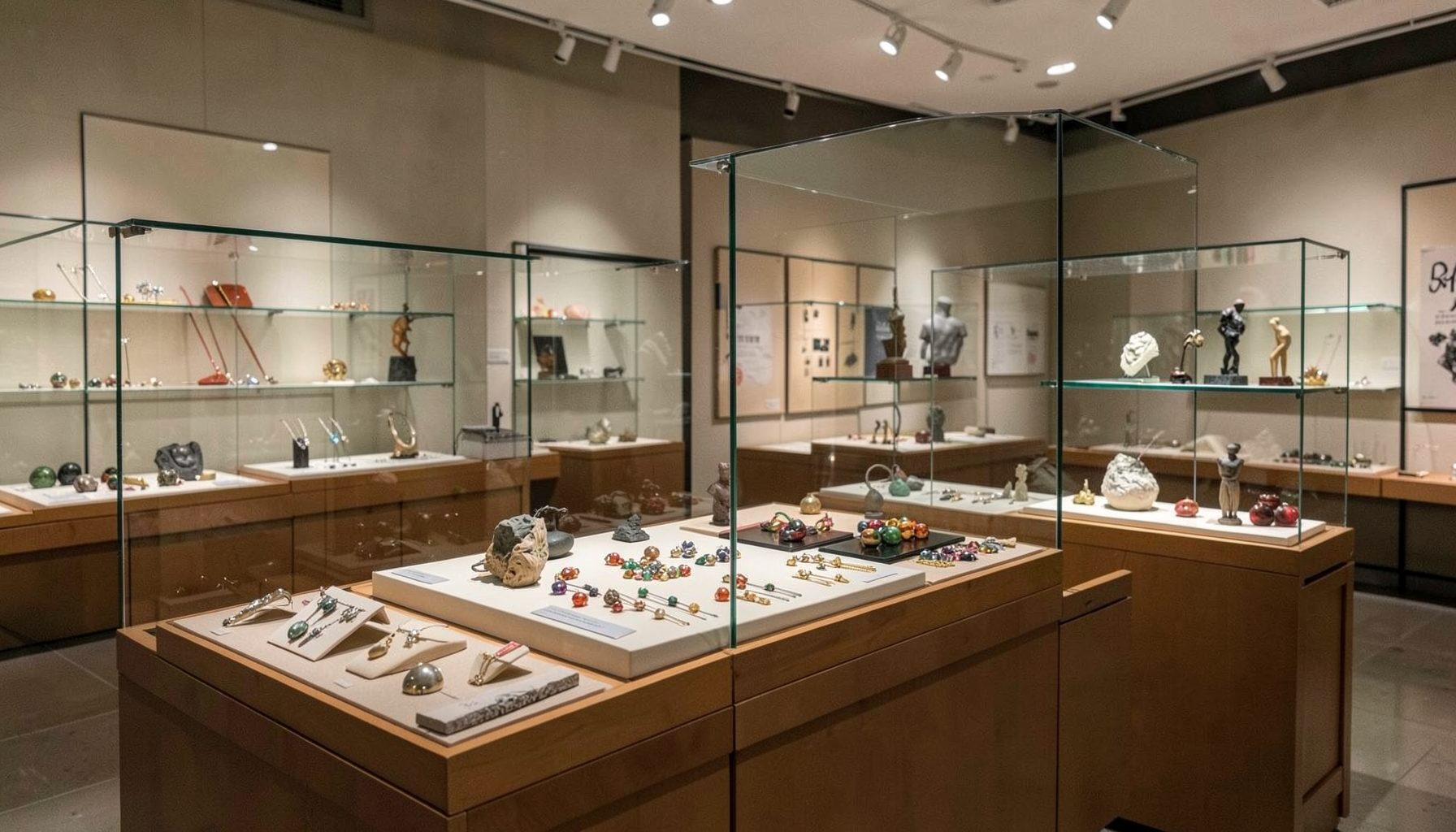 A museum gift shop with glass display cases featuring artisan jewelry and small sculptures