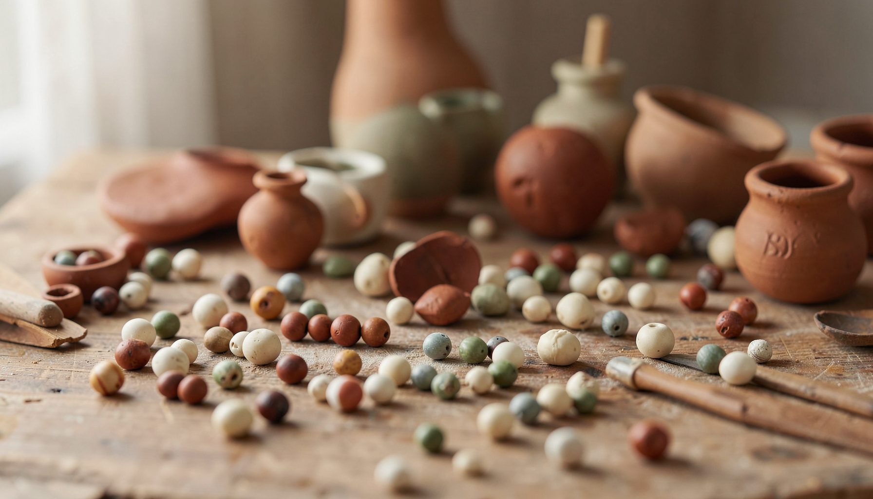 A softly lit tabletop scattered with hand-built ceramic beads, small vessels, and clay tools in warm earthen tones of rust, cream, and sage