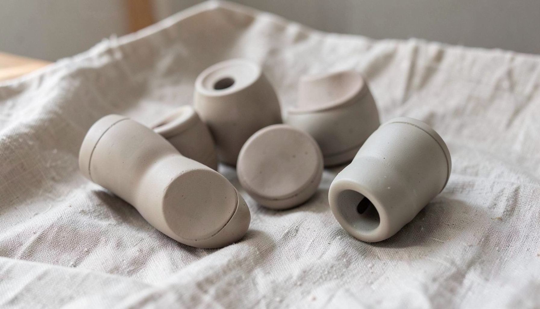 Hand-built ceramic rattles and bells in soft matte glazes, resting on a linen cloth with natural light