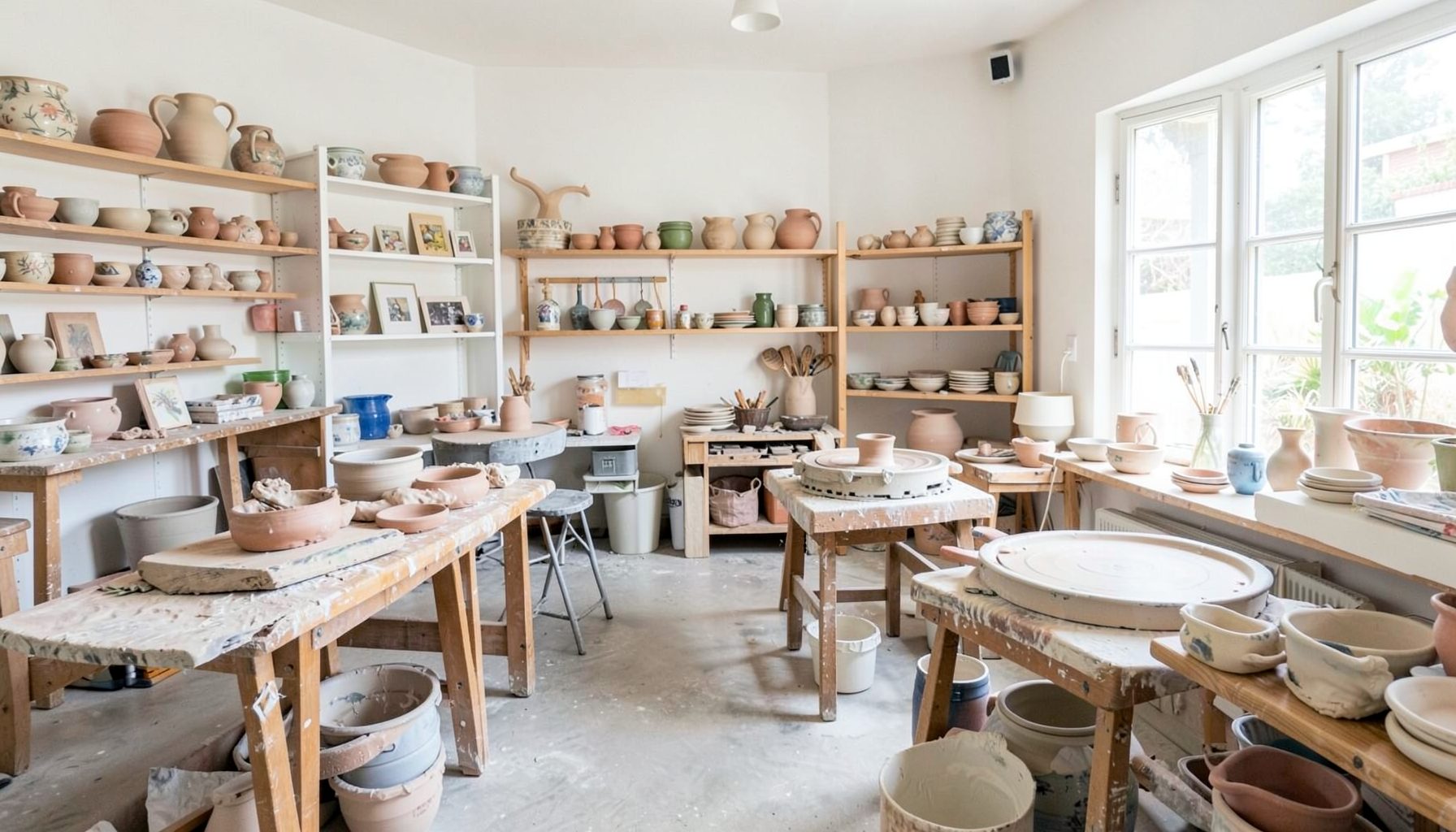 A bright community art studio with pottery wheels, clay-covered worktables, and shelves of drying ceramic pieces