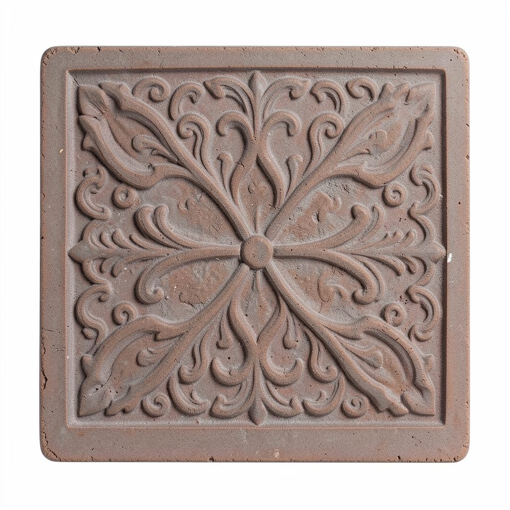 A flat slab of stoneware clay impressed with an ornate intaglio pattern, showing deep relief texture in warm grey-brown tones