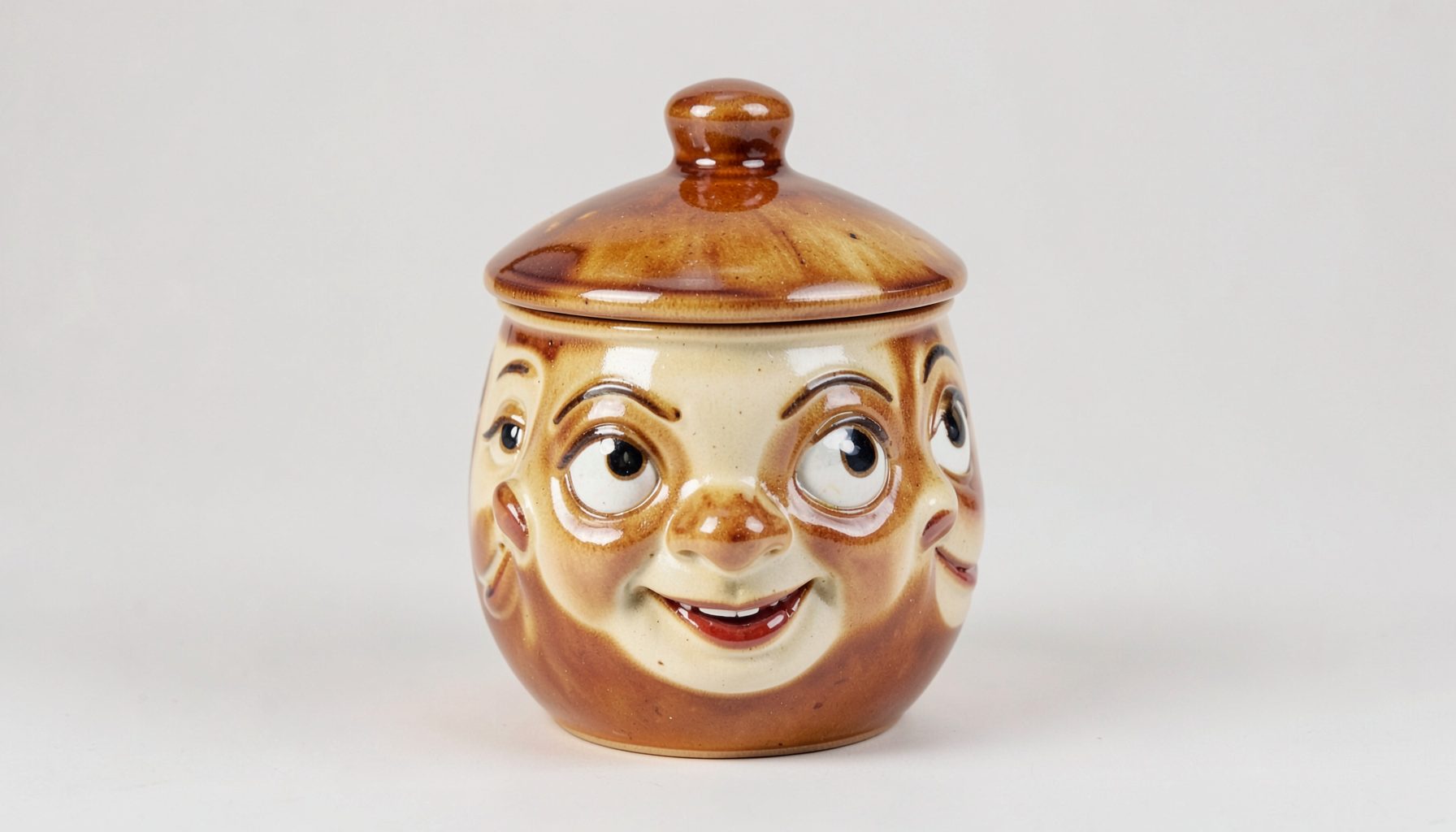 A whimsical lidded ceramic creature container with multiple expressive faces, glazed in warm browns and creams