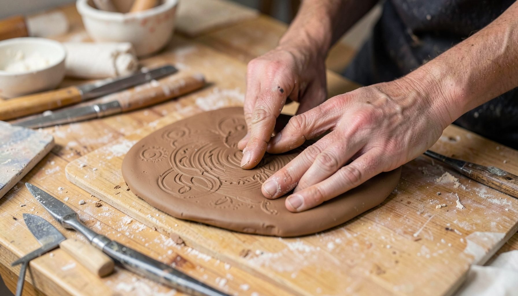A close-up of a potter's hands pressing textured patterns into a slab of warm earthenware clay on a wooden workbench, surrounded by carving tools and stamp mats