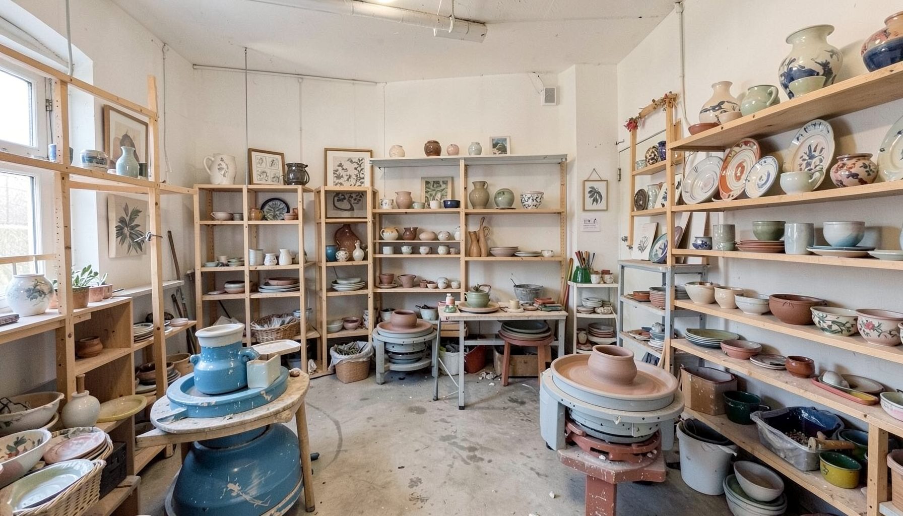 A community arts studio interior with pottery wheels, shelving, and finished ceramic work on display