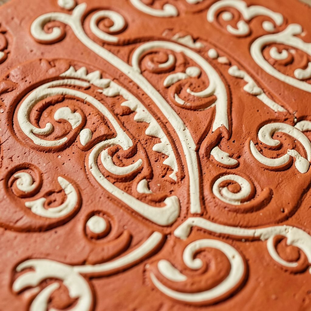 A close-up of a richly textured clay surface imprinted with an ornate paisley pattern in warm terracotta and cream