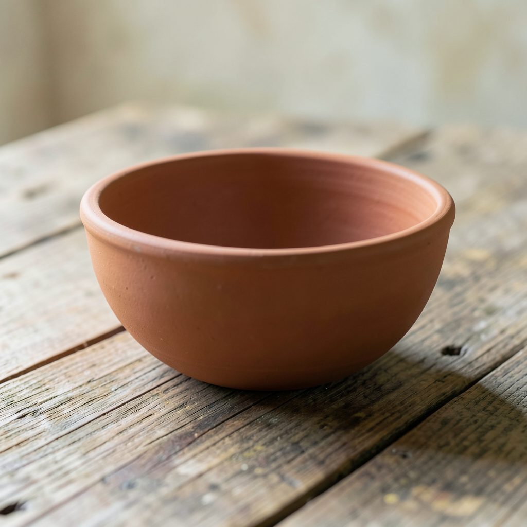 A warm terracotta clay bowl with subtle glaze, resting on a textured wooden surface in soft natural light