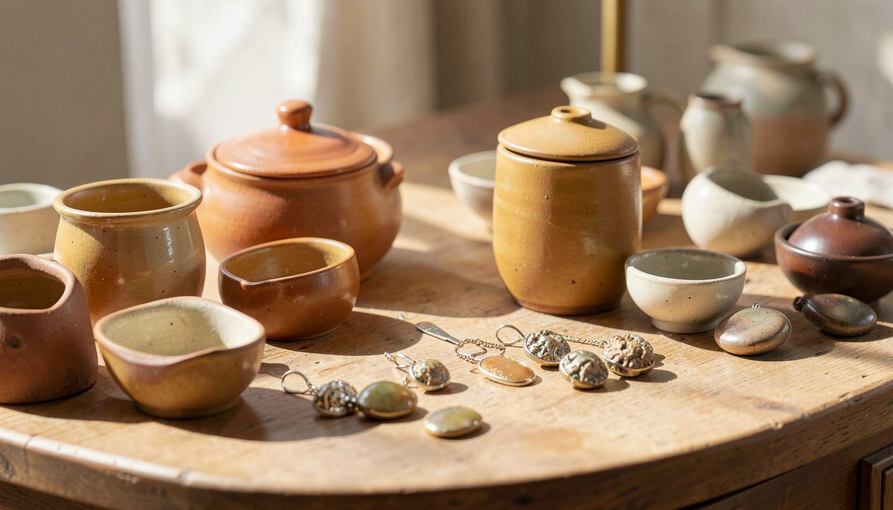 A sunlit studio table scattered with hand-built ceramic vessels, lidded containers, and textured pendants in warm earthen tones of ochre, cream, and soft brown