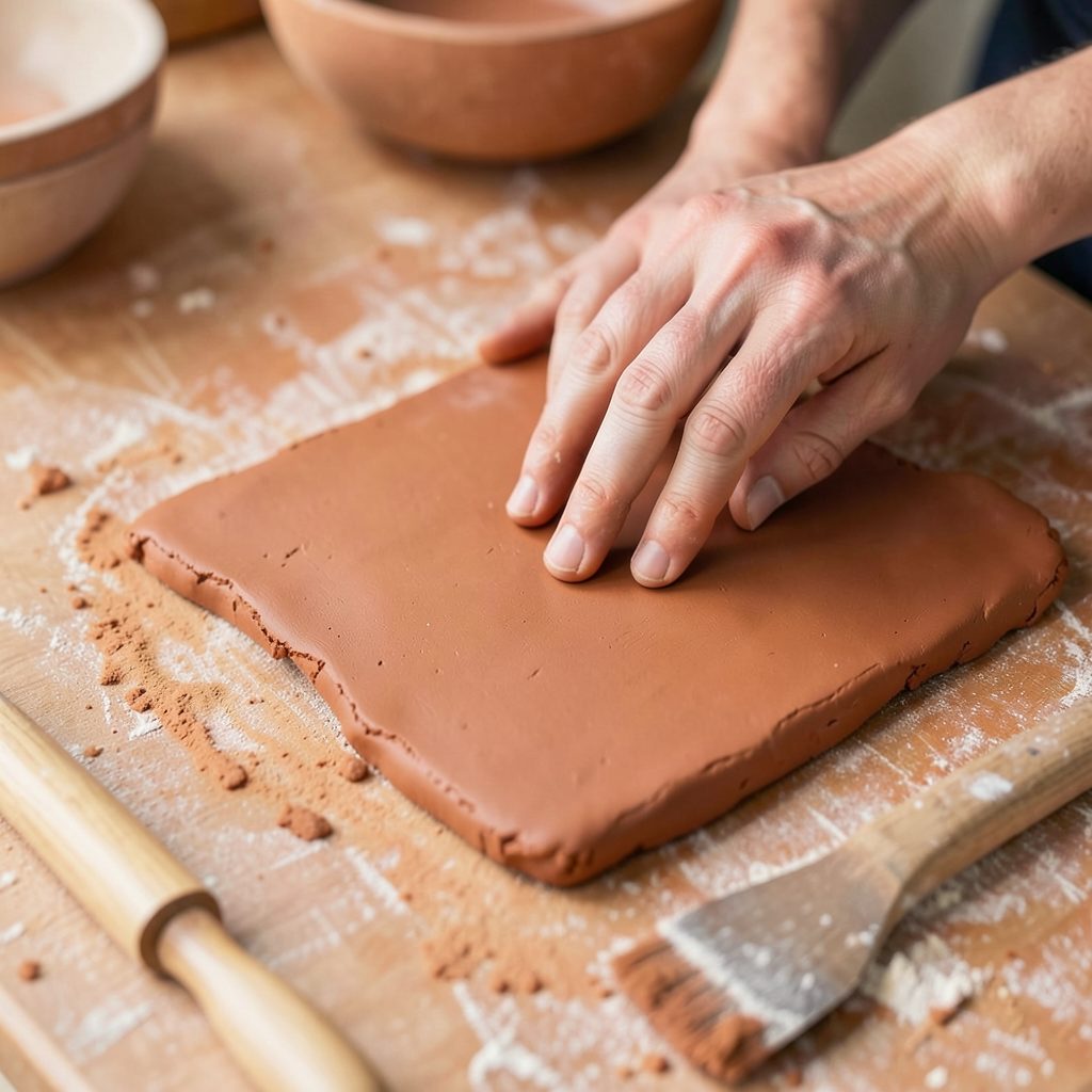 Hands shaping a slab of warm terracotta clay on a textured work surface, with wooden tools nearby