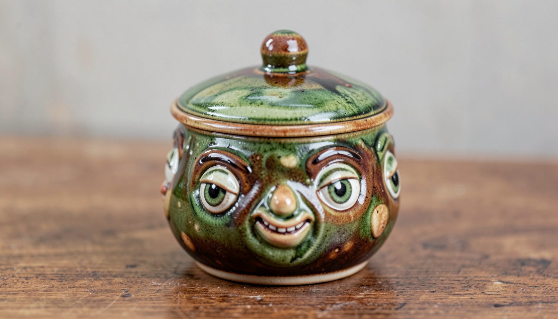 A whimsical lidded ceramic creature container with multiple expressive faces, glazed in earthy greens and warm browns, sitting on a wooden surface