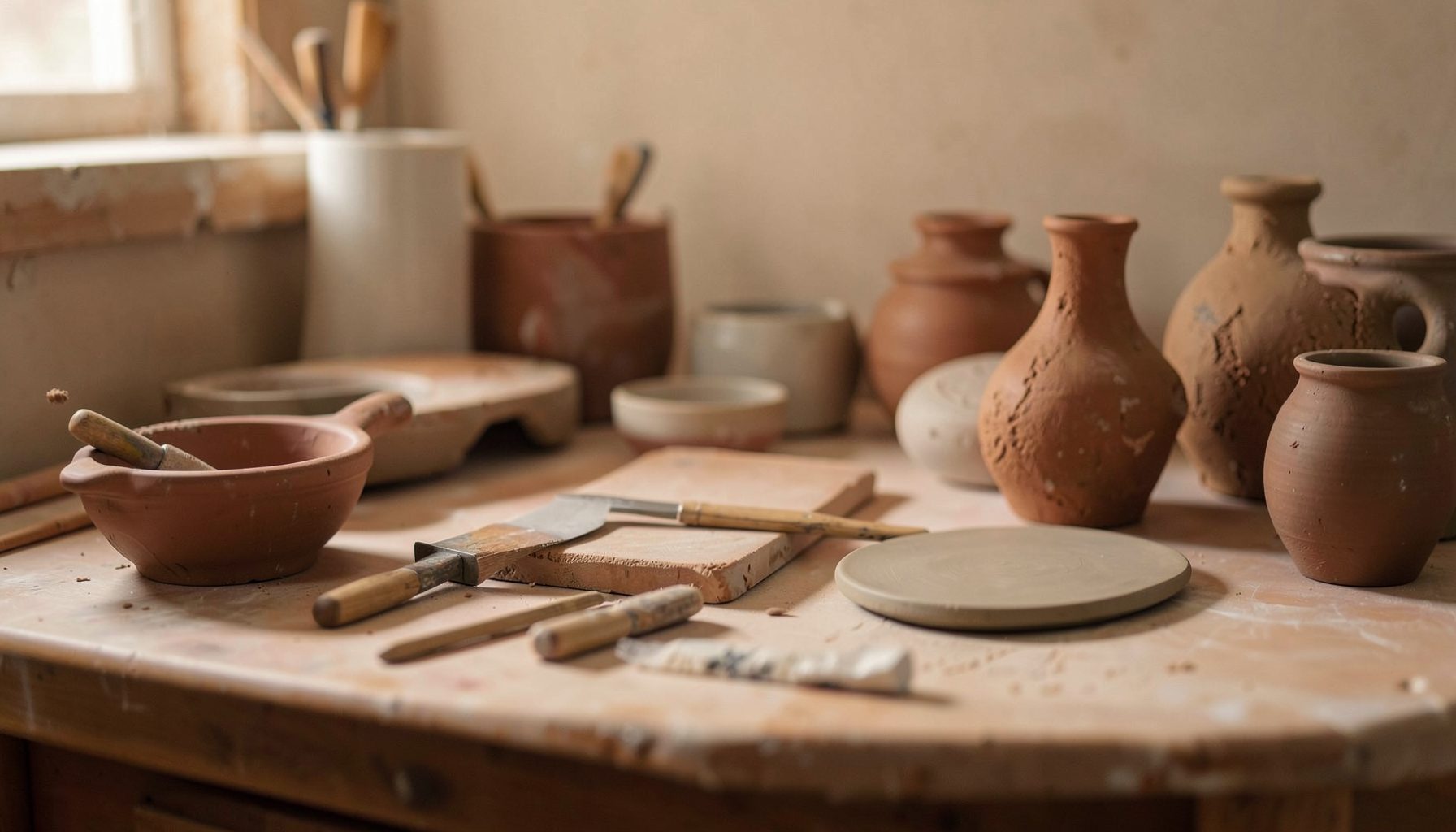 A softly lit pottery studio workspace with hand-building tools, clay slabs, and textured ceramic pieces in warm earthen tones
