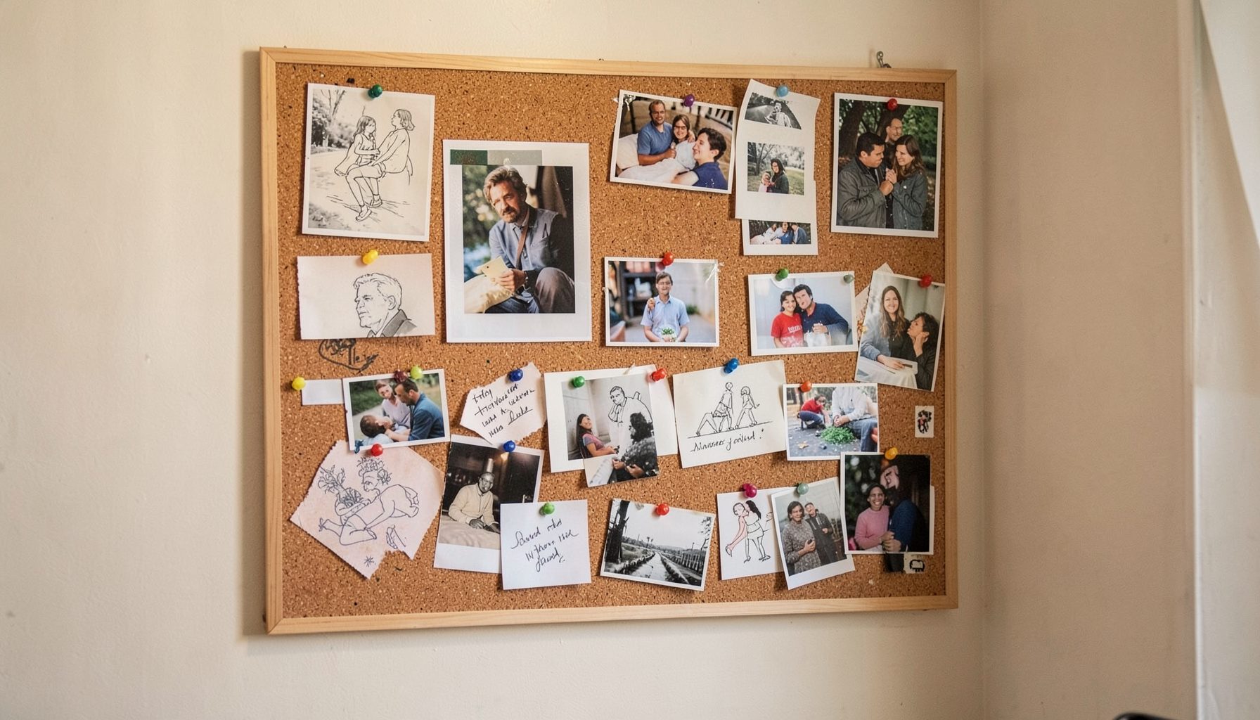 A corkboard covered with pinned photographs, sketches, and handwritten notes in a cozy studio corner