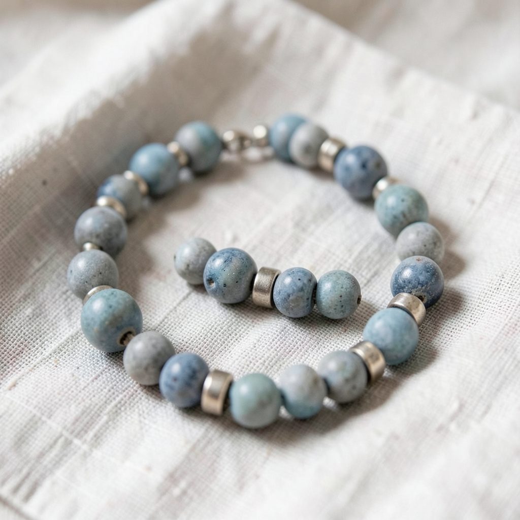 A stoneware bead necklace with grey and blue tones, accented by small metallic spacers, resting on a soft linen cloth