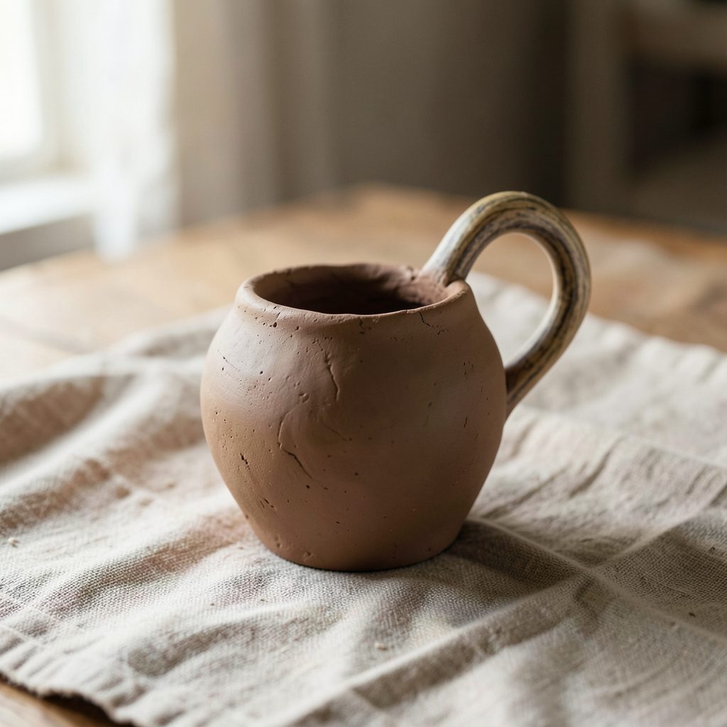 A hand-built clay vessel with a curved deer antler handle, resting on a rustic linen cloth in soft natural light