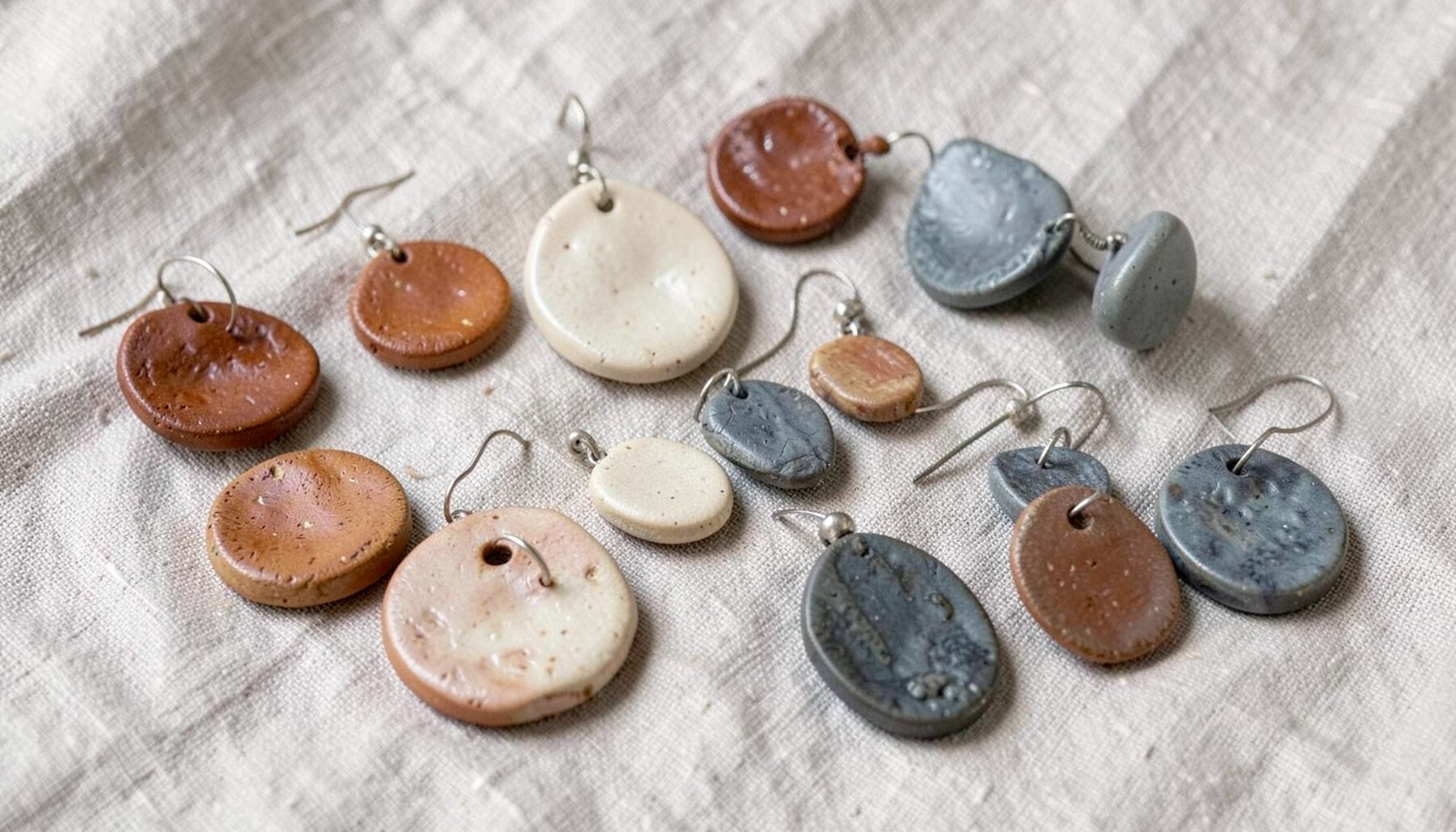 A collection of hand-built ceramic pendants and earrings in earthy tones of rust, cream, and slate, arranged on a linen cloth