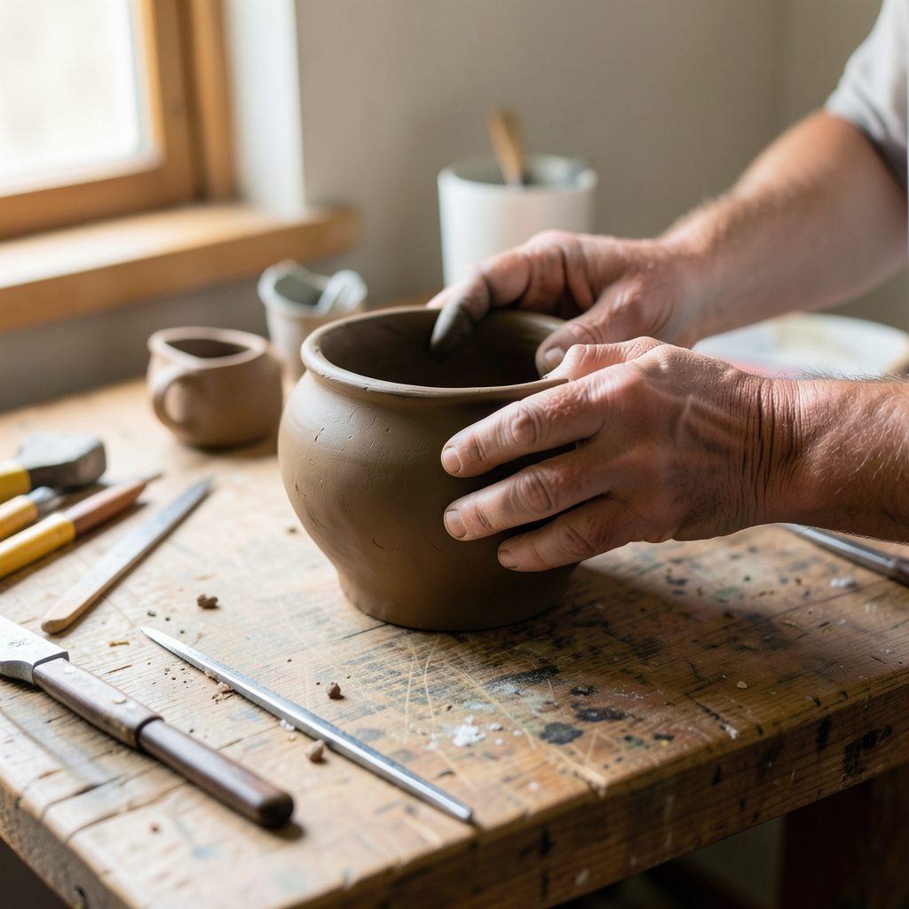 A pair of hands shaping a raw clay vessel on a worn wooden workbench, surrounded by hand-building tools in soft natural light