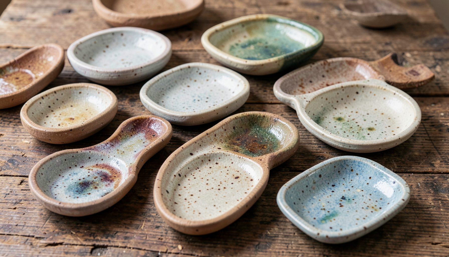 A collection of earthenware trays in varied organic shapes with speckled glazes, arranged on a rustic wooden surface
