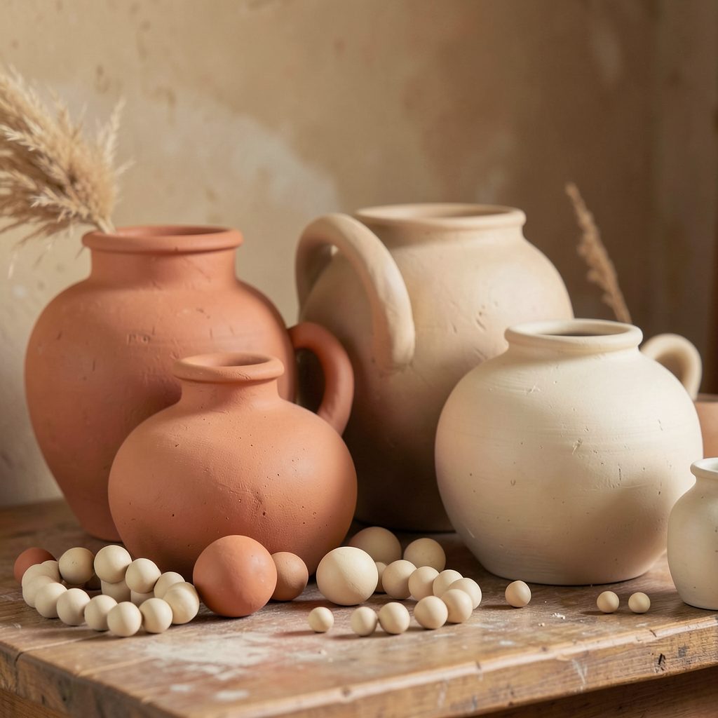 A warm, earthy ceramic studio vignette with hand-built clay vessels and beads in soft terracotta and cream tones