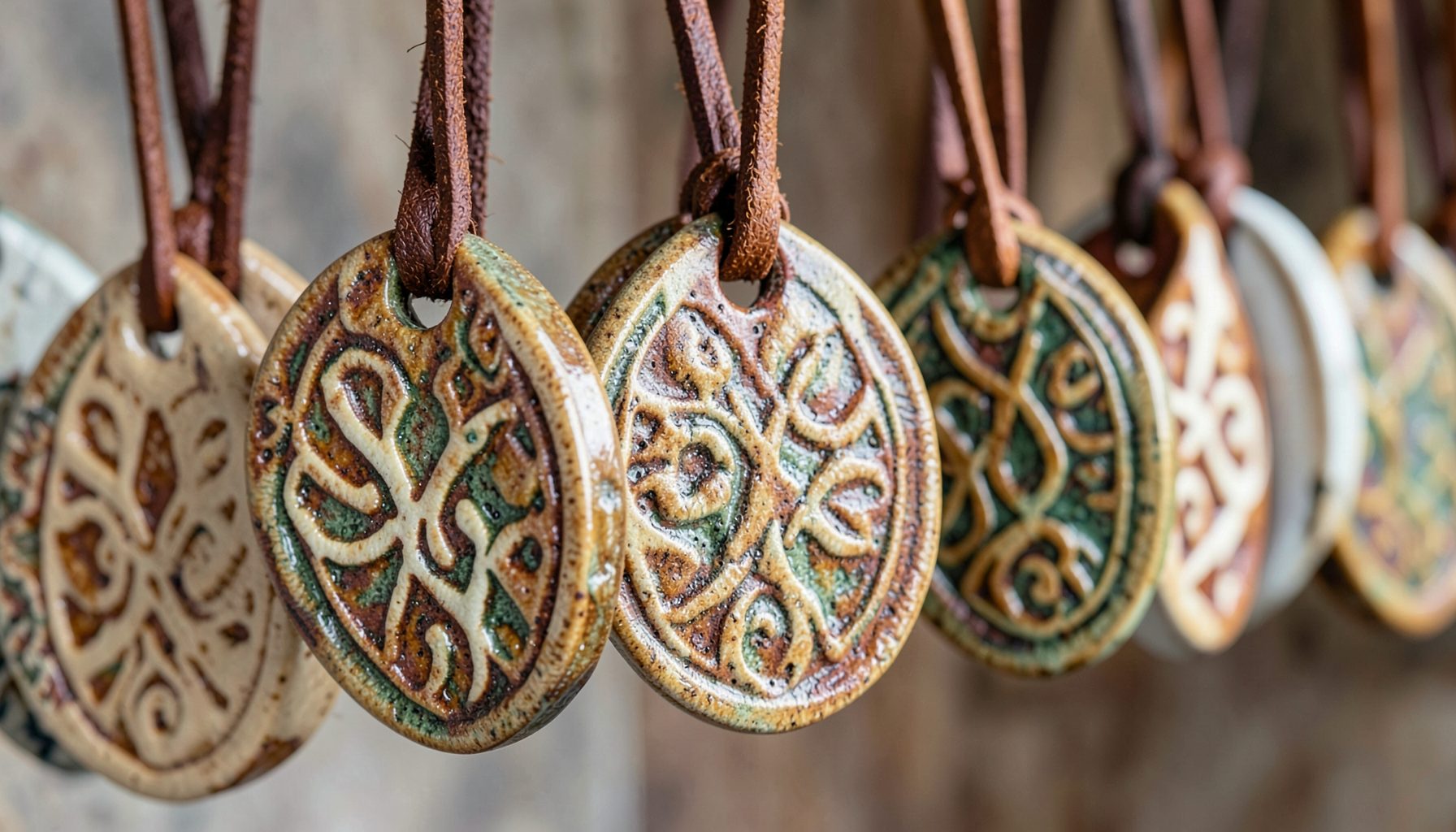 Close-up of ceramic pendants with intricate surface patterns and earthy glaze colors hanging from leather cords