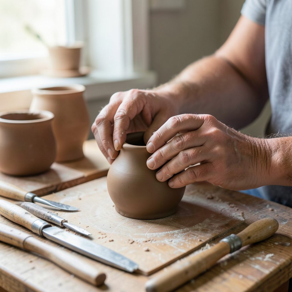 A pair of hands gently shaping a clay vessel on a worktable, surrounded by pottery tools and soft natural light